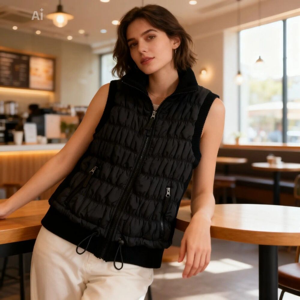 Calvin Klein Performance Womens Puffer Vest Full Zip Pockets Black/Gray M